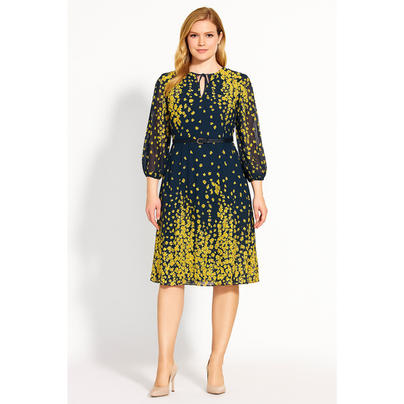Tommy‎ Hilfiger Floral A-Line Dress Sky Captain Magno Size 2 Navy Yellow Midi - Picture 1 of 6